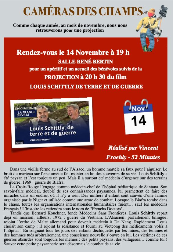 SOIREE CAMERAS DES CHAMPS, le 14 novembre à 19H, Salle René Bertin